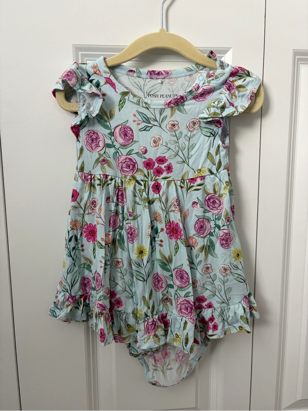 Posh Peanut Light Blue Floral Ruffle Dress with Pink and Yellow Blooms
